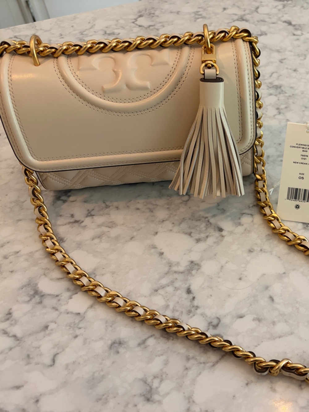 Tory Burch Cream Leather Quilted Crossbody with Gold Chain and Tassel Accent